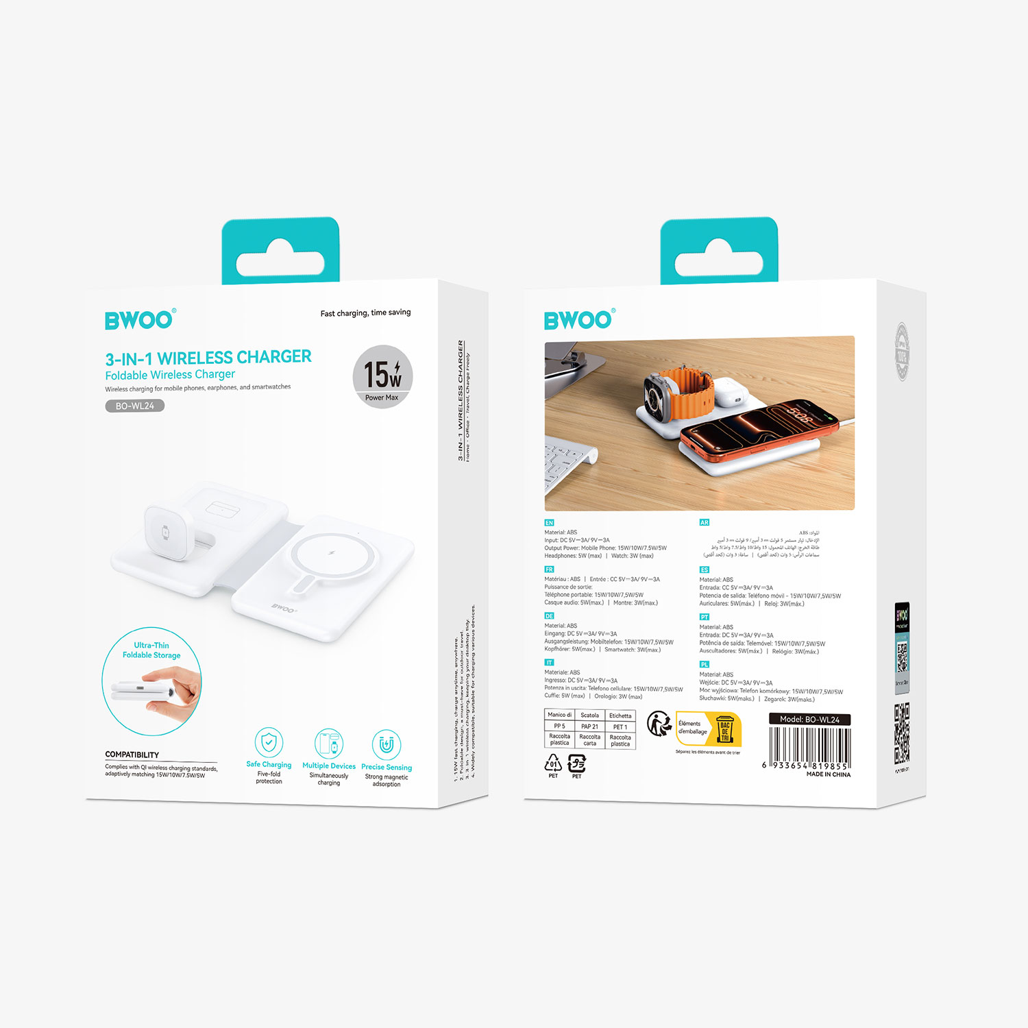 BWOO BO-WL24 3 in 1 Wireless Charging Station Package