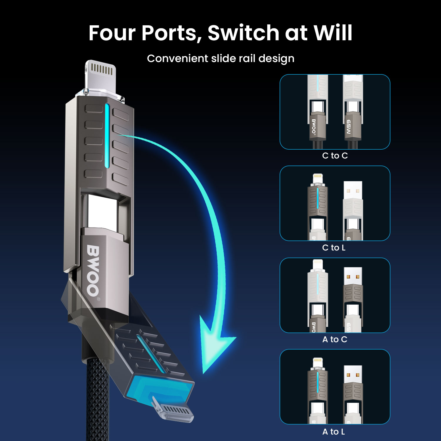 BWOO 4-in-1 cable with interchangeable charging connectors