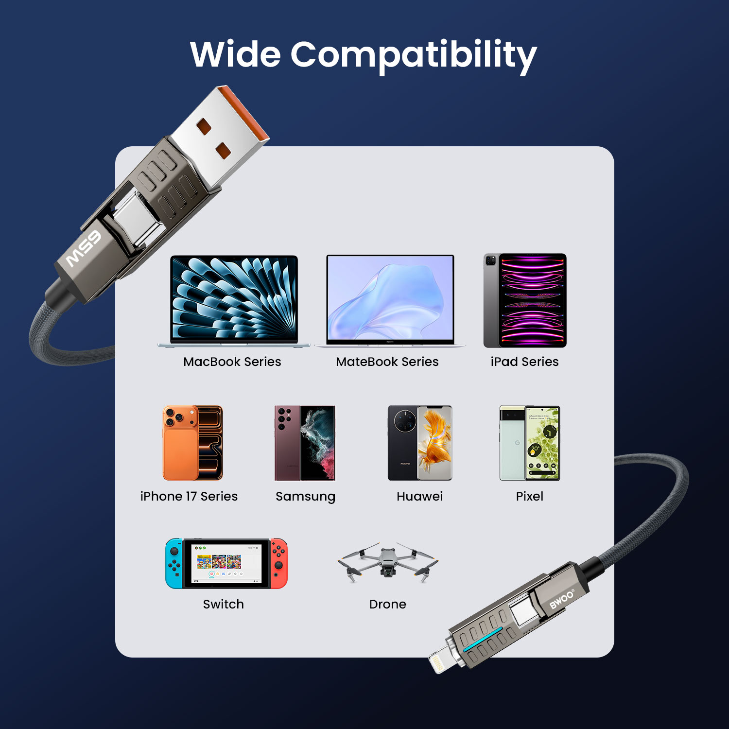 BWOO 4-in-1 fast charging data cable for multiple devices