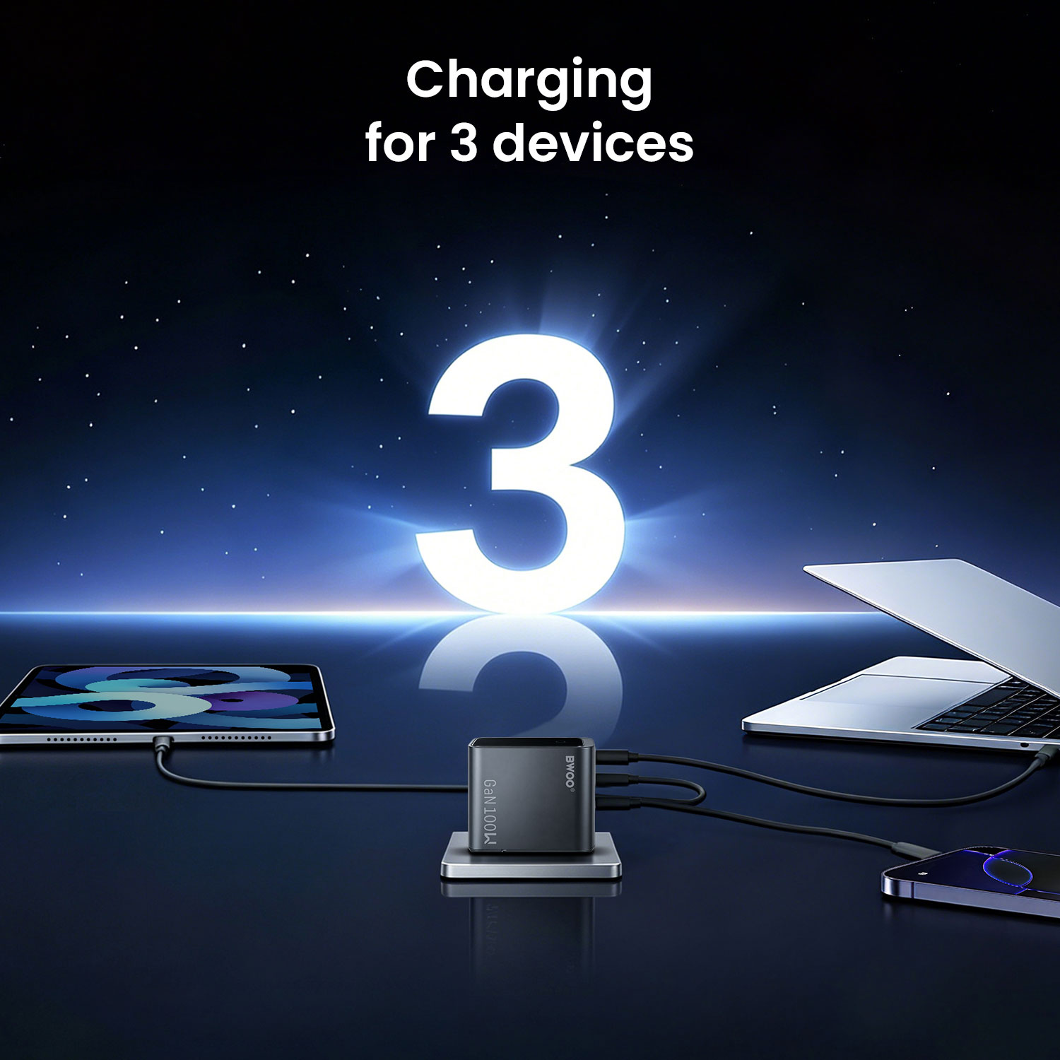 BWOO GaN Charger for 3 devices charging simultaneously