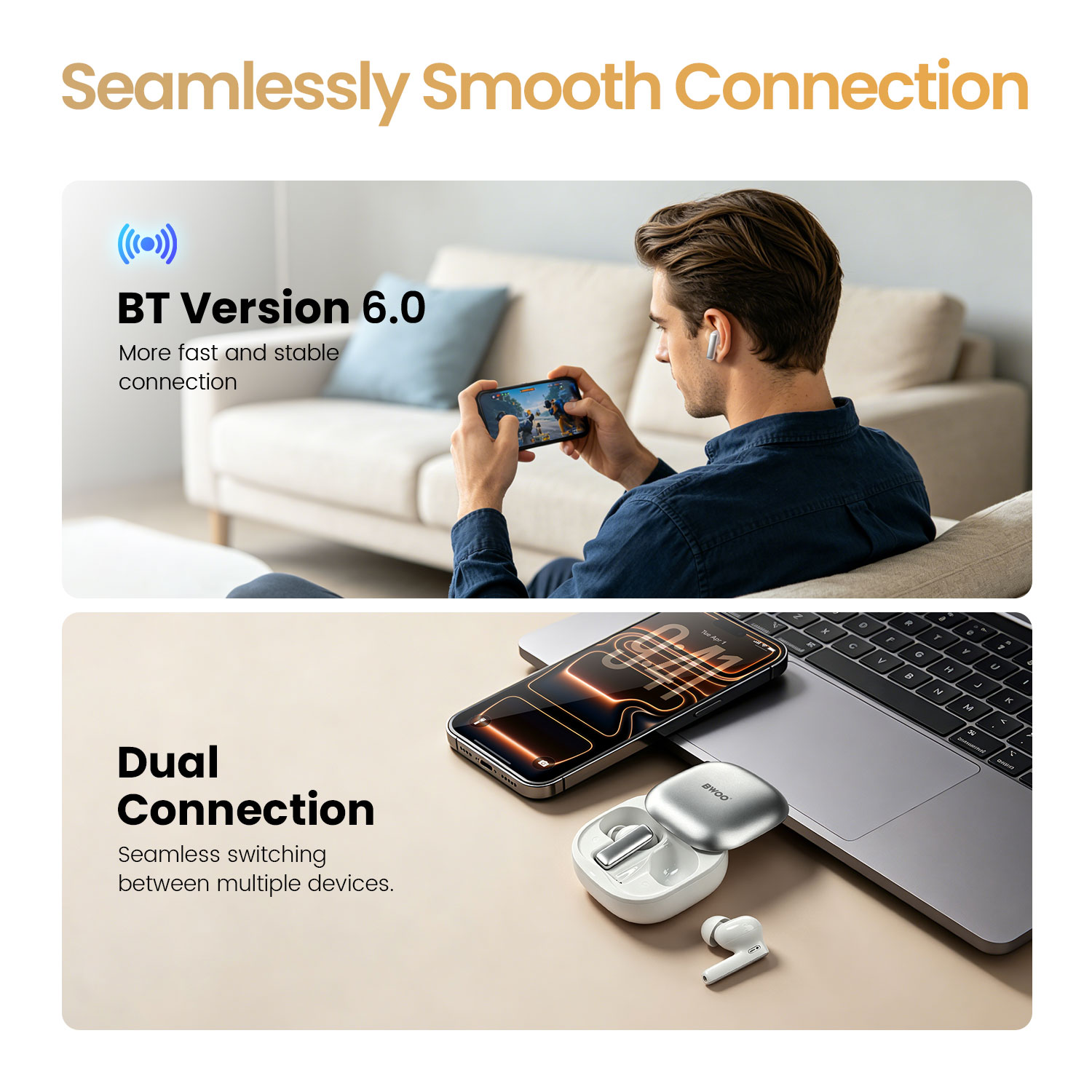 BWOO wireless earbuds BT version 6.0 with stable connection