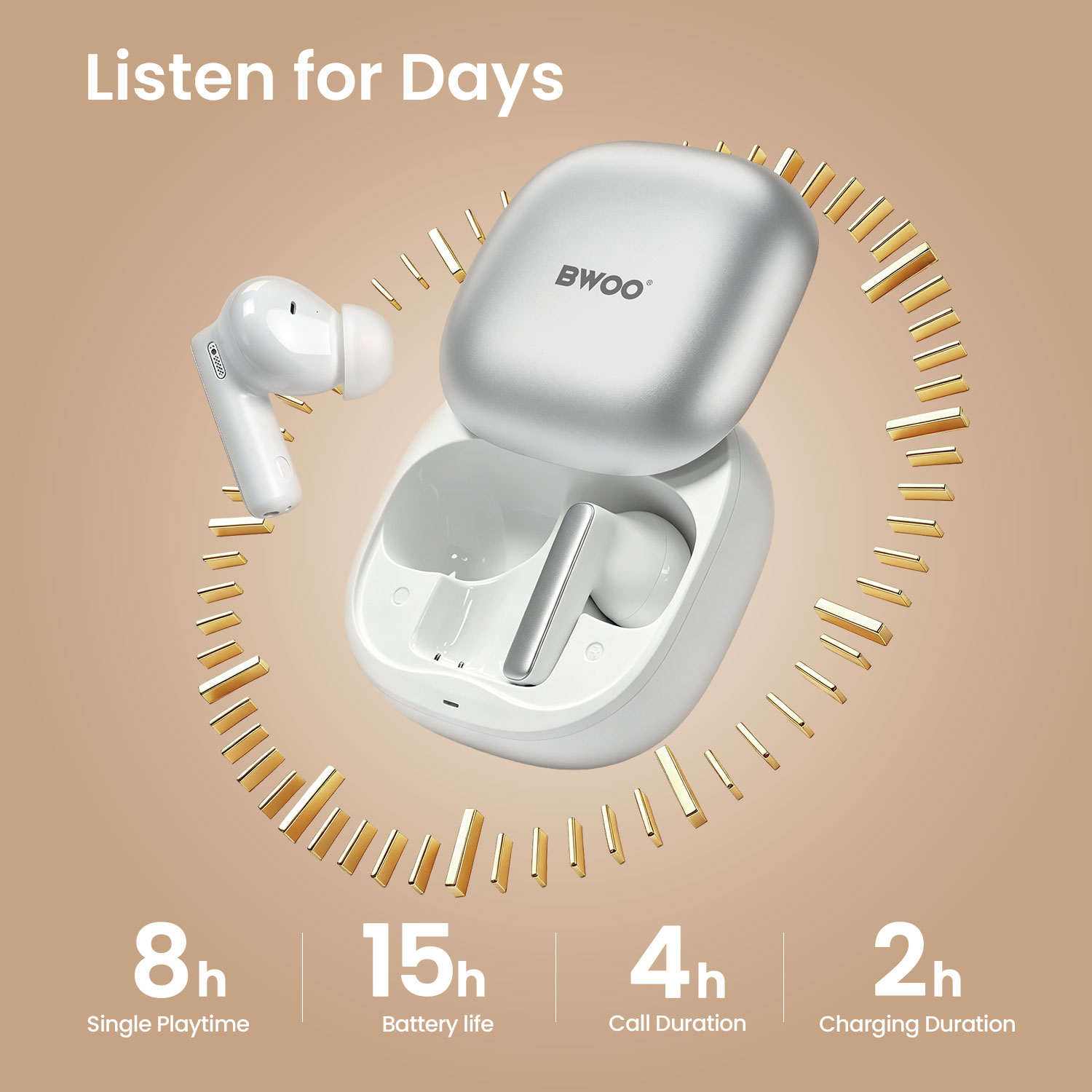 BWOO wireless earbuds with 8h playtime