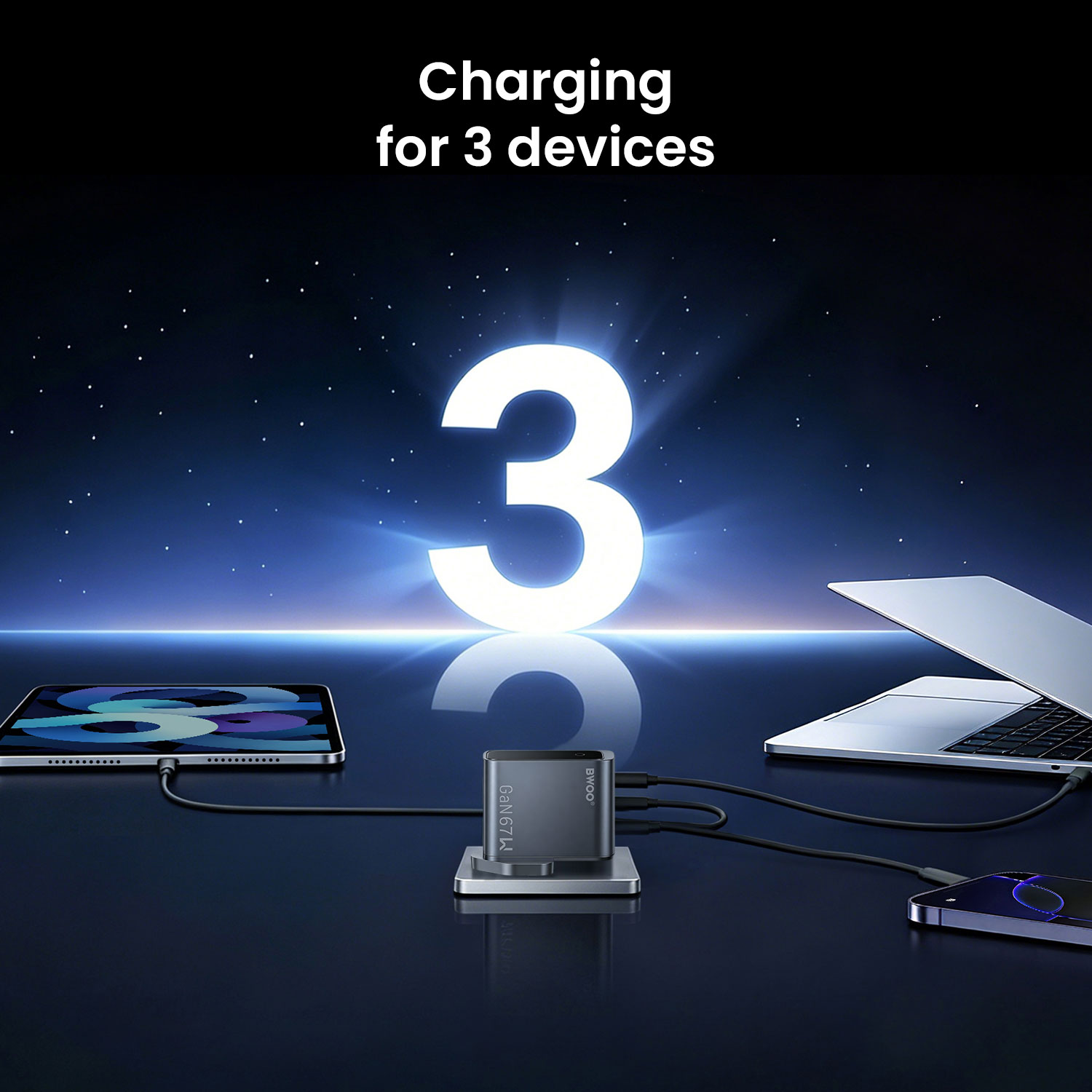 BWOO 67W 3-port wall charger with intelligent digital screen