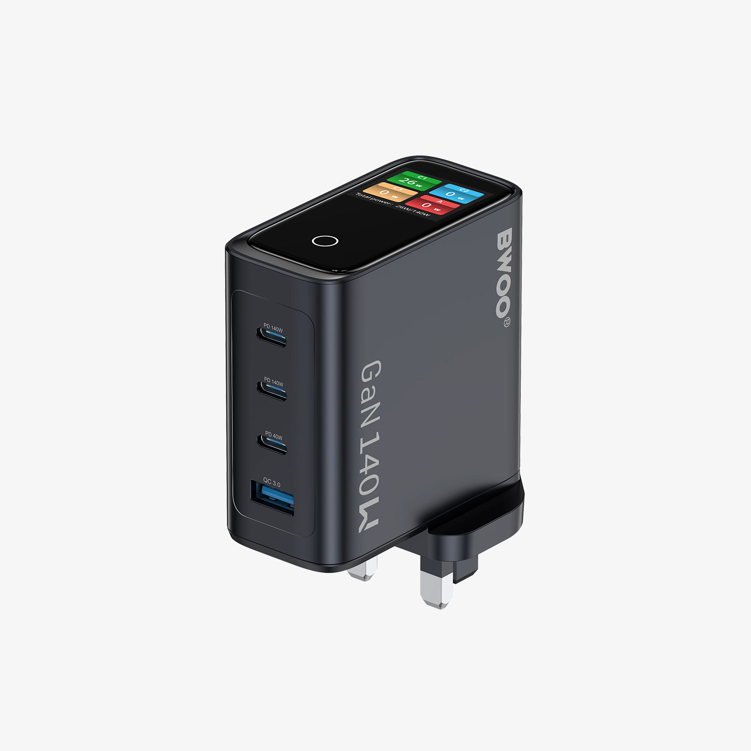 BWOO brand 140W GaN desktop charger with multi-port design