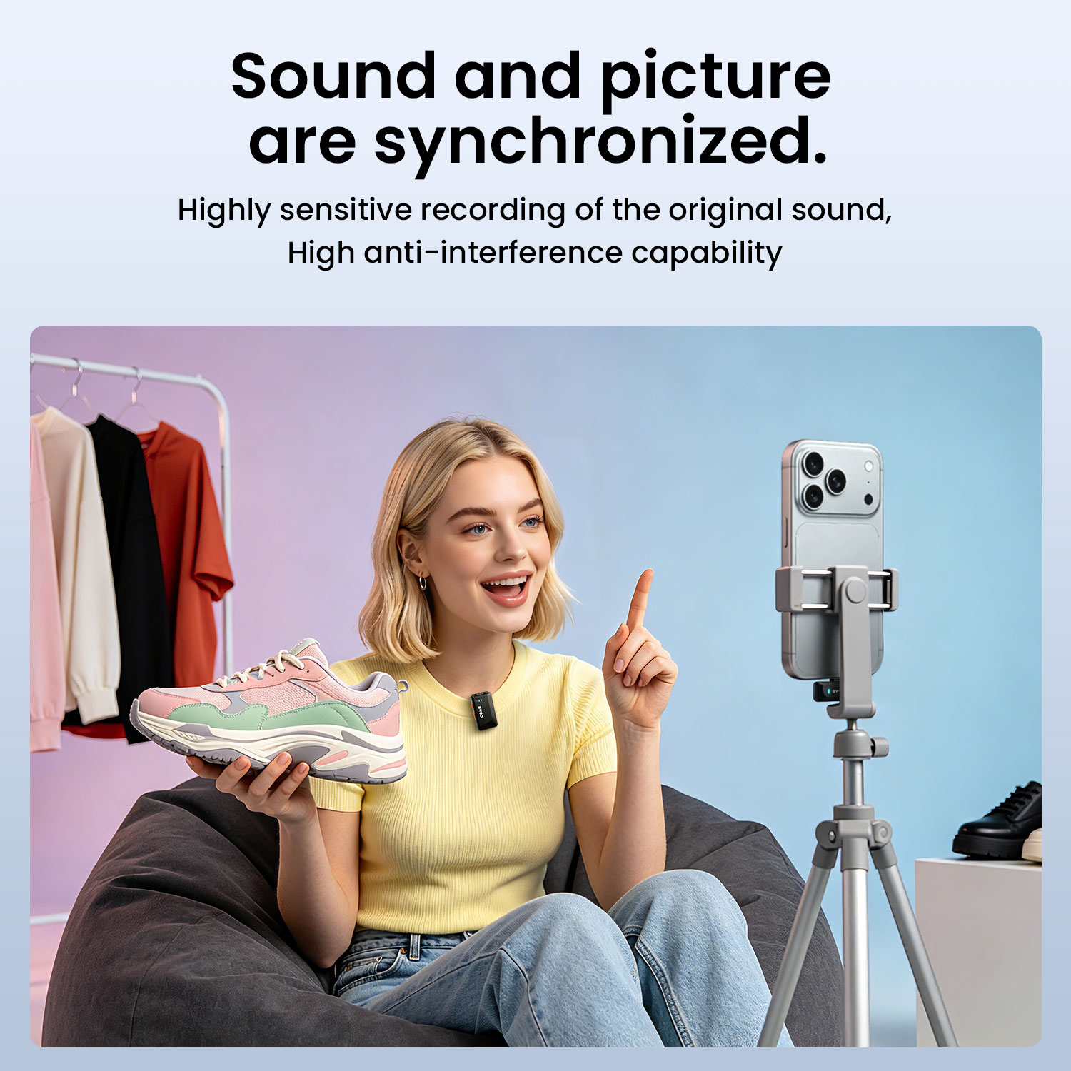 BWOO lavalier microphone with Synchronized Sound and Pictuers