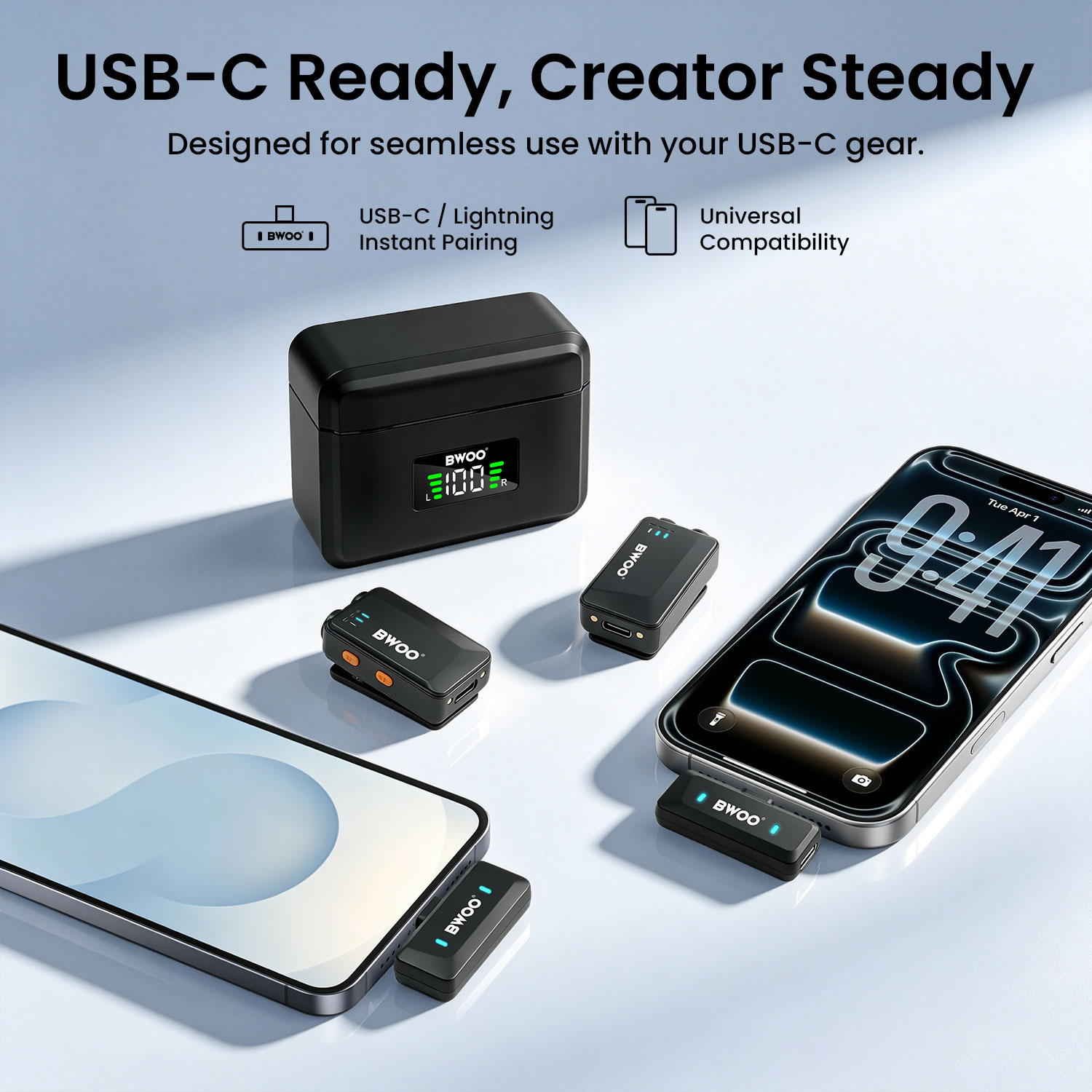 BWOO wireless microphone with USB-C ports compatible