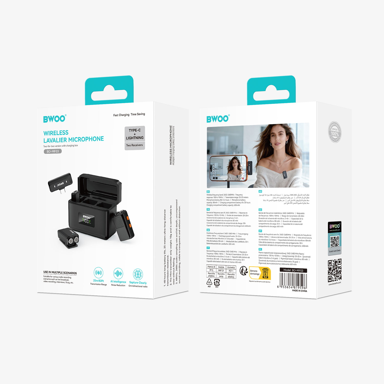 BWOO portable charging case protecting dual mini lavalier mics