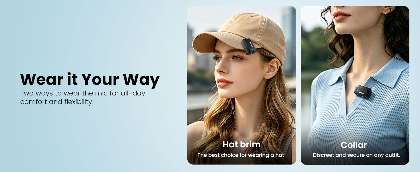 BWOO wireless mini microphone clipped on a hat for active tracking