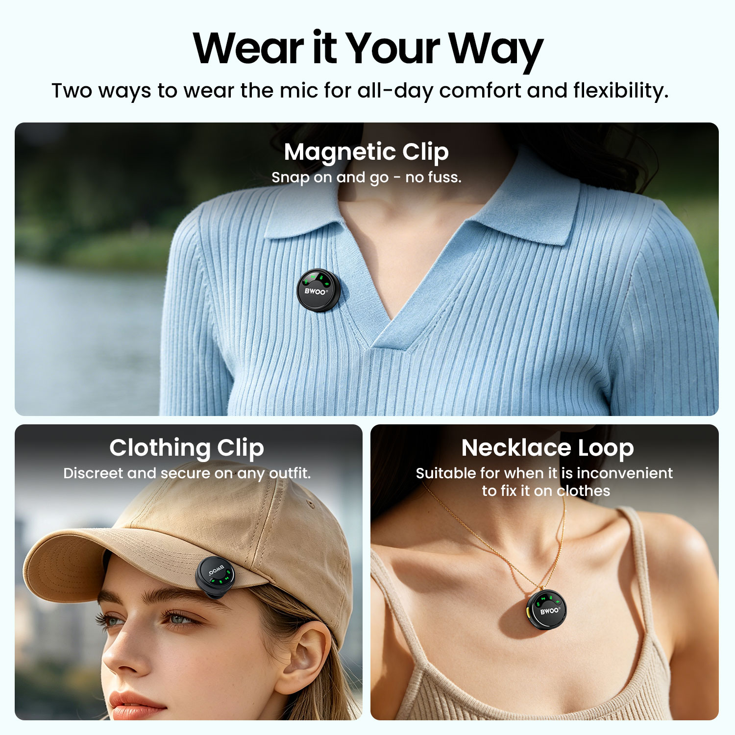 BWOO Wireless Microphone for Collar and Hat Wearing