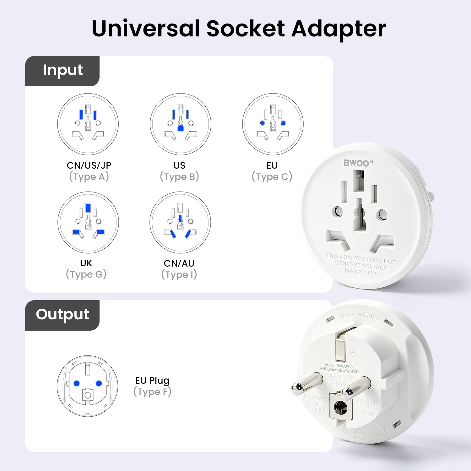BWOO EU plug travel adapter with universal AC socket