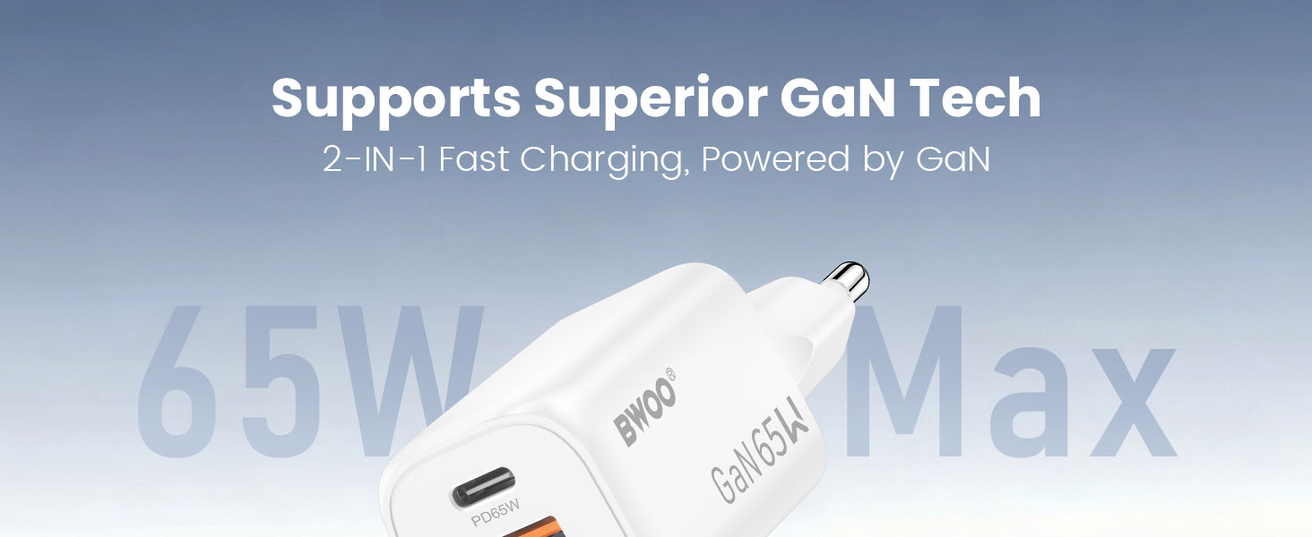 BWOO 65w 2 ports usb c charger with gan tech