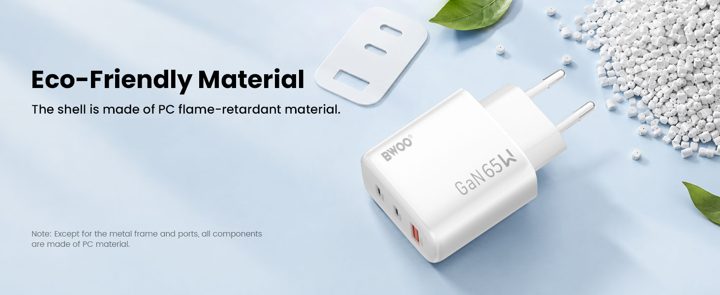 BWOO 65W 3 Ports GaN Charger made by Eco-Friendly Material