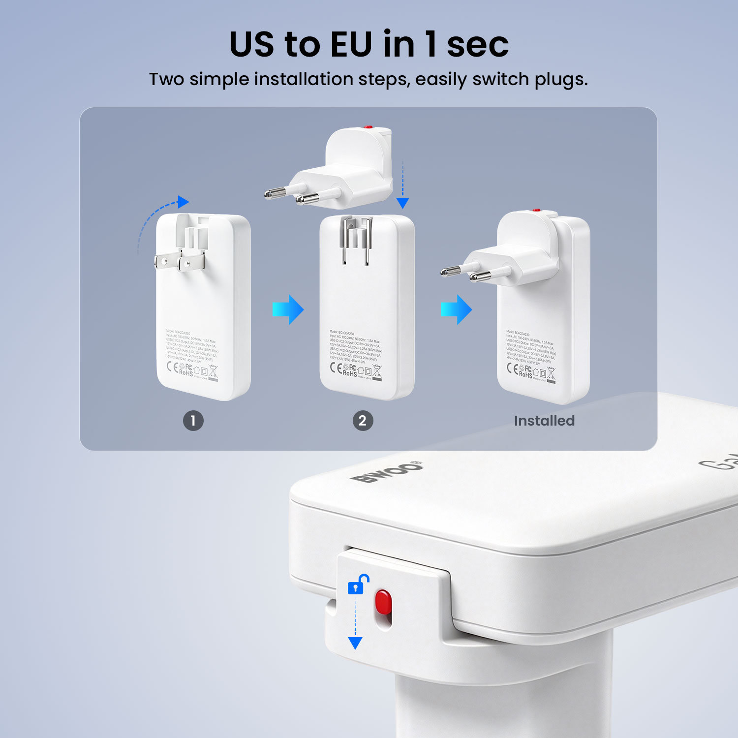 65W Flat GaN Fast Charger with US and EU Plugs
